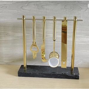 Gold Tone Barware 5pc Set Black Marble Base